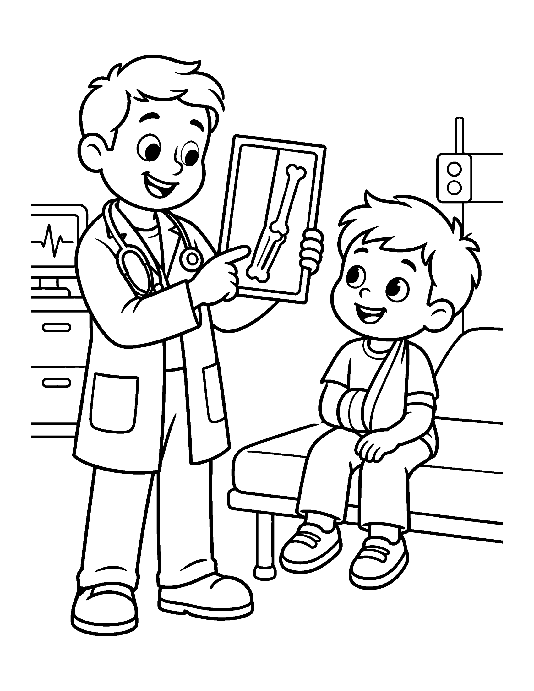 Friendly doctor showing an x-ray of an arm bone to a smiling boy with his arm in a sling, coloring page