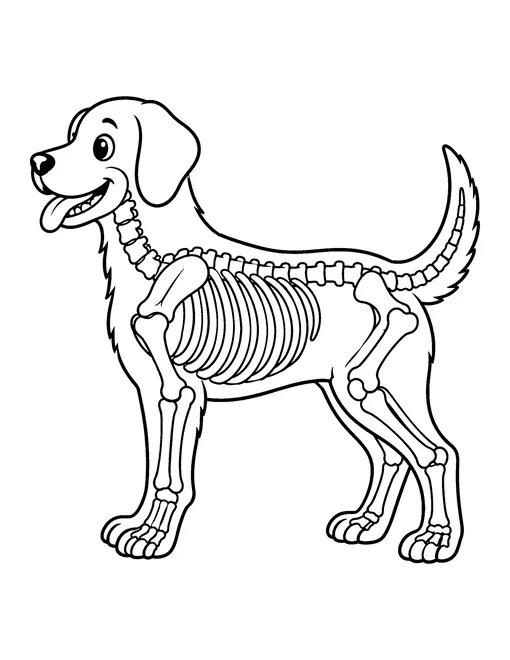 X-ray of a happy dog standing side-on showing its spine, ribs, leg bones and tail bones, coloring page