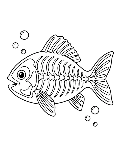 X-ray of a fish showing the skull, backbone, rib bones and fin bones, with bubbles, coloring page