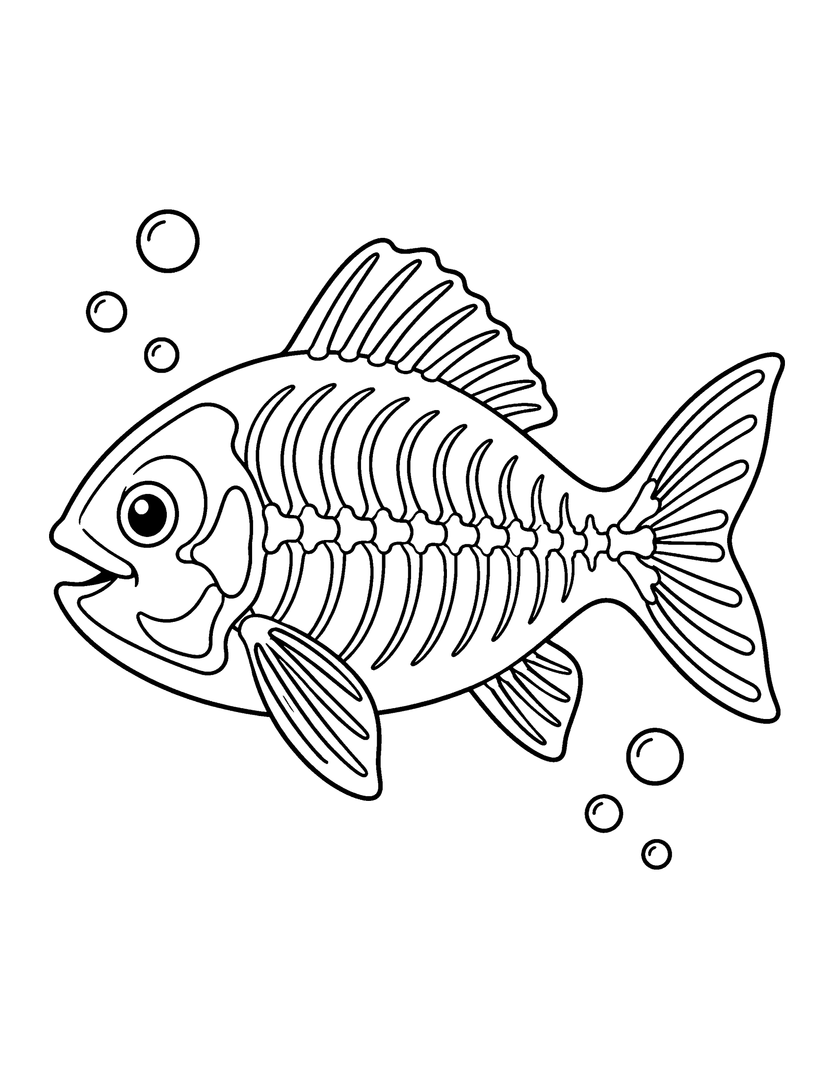 X-ray of a fish showing the skull, backbone, rib bones and fin bones, with bubbles, coloring page
