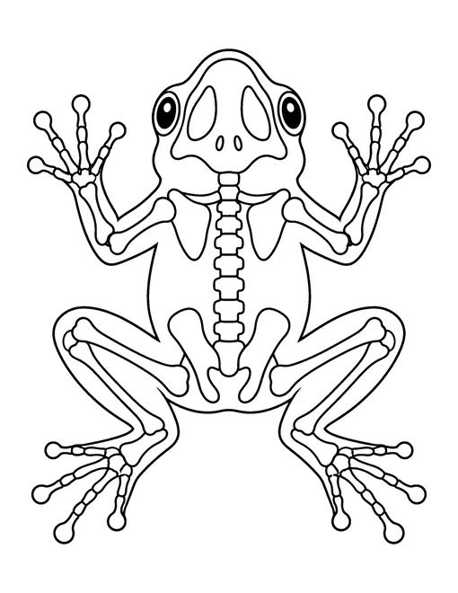 X-ray of a frog seen from above showing its skeleton and long leg bones, coloring page