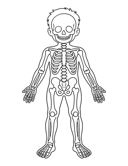 Full body x-ray of a standing child showing the whole skeleton, coloring page