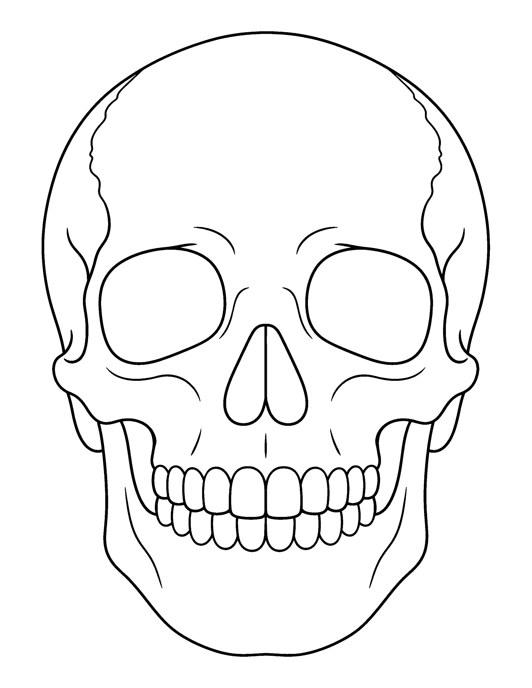 Friendly human skull seen from the front with eye sockets, nose and teeth, coloring page