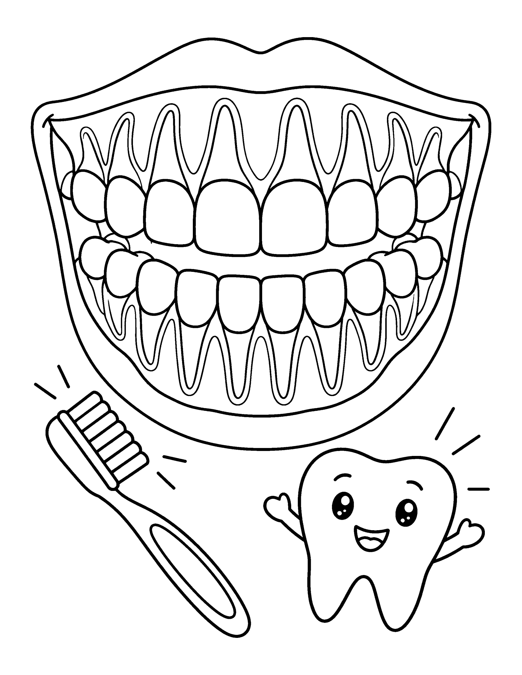 Dental x-ray of a smiling mouth showing teeth and roots, with a toothbrush and a happy tooth, coloring page