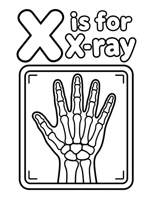 Letter X page with the words X is for X-ray in bubble letters above an x-ray of a hand, coloring page