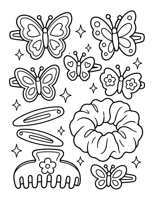 Y2K hair accessories: butterfly hair clips, snap clips, a scrunchie and a claw clip, coloring page