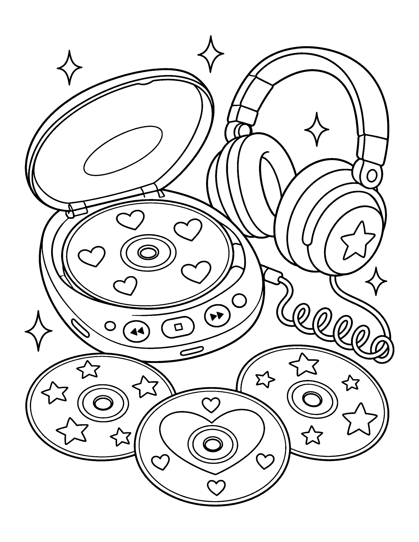 Portable CD player with headphones and three CDs with heart and star labels, Y2K coloring page