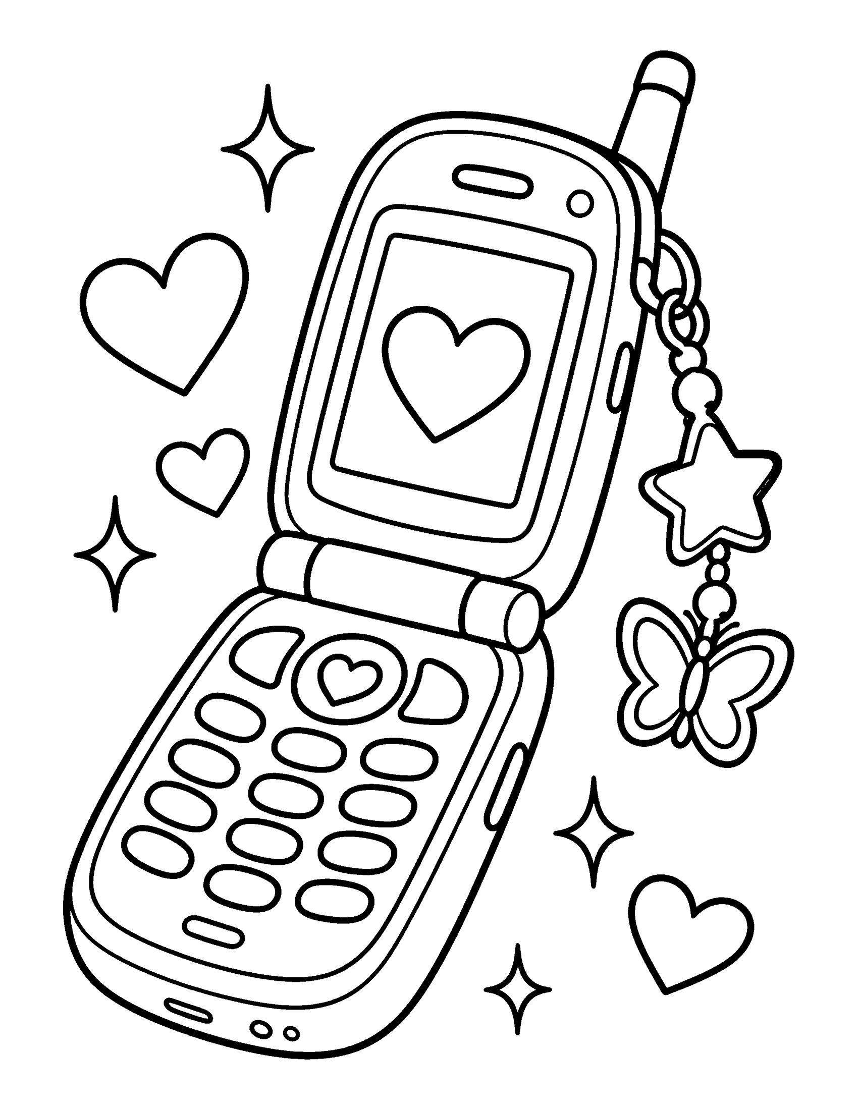 Y2K flip phone with a heart on the screen and a star and butterfly phone charm, with hearts and sparkles, coloring page