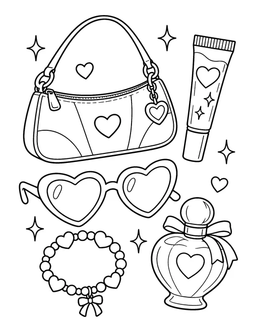 Y2K handbag with a heart charm, lip gloss, heart-shaped sunglasses, a beaded bracelet and a perfume bottle, coloring page