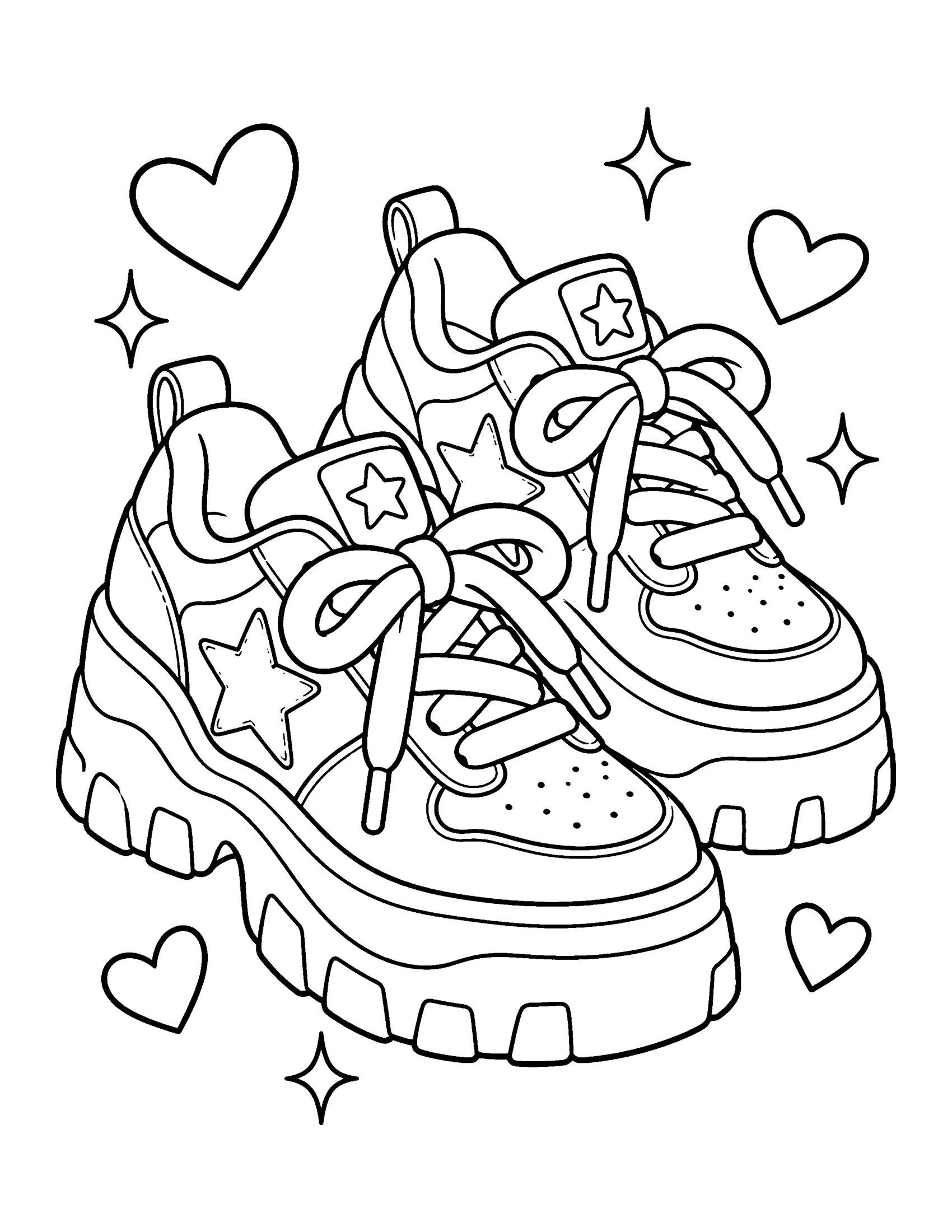Pair of chunky Y2K platform sneakers with star patches and big laces, with hearts and sparkles, coloring page