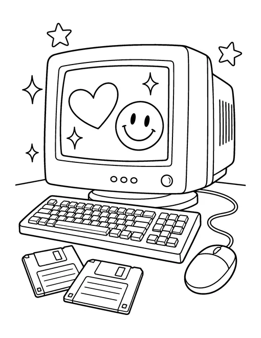 Chunky year-2000 desktop computer with a boxy monitor, keyboard, mouse and two floppy disks, Y2K coloring page