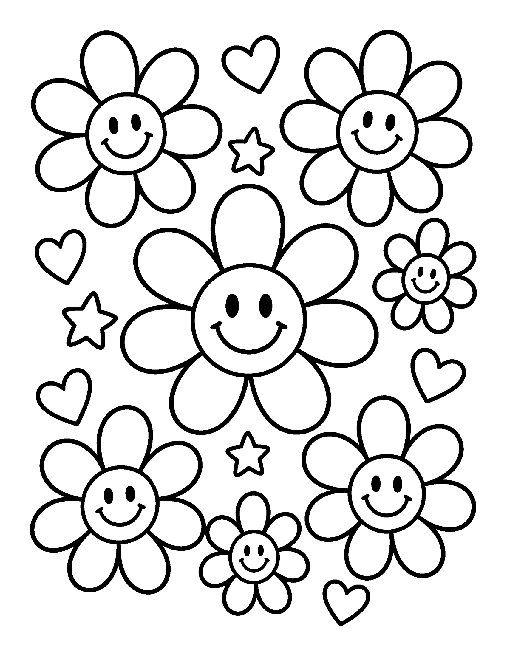 Smiley face daisy flowers with small hearts and stars, Y2K coloring page