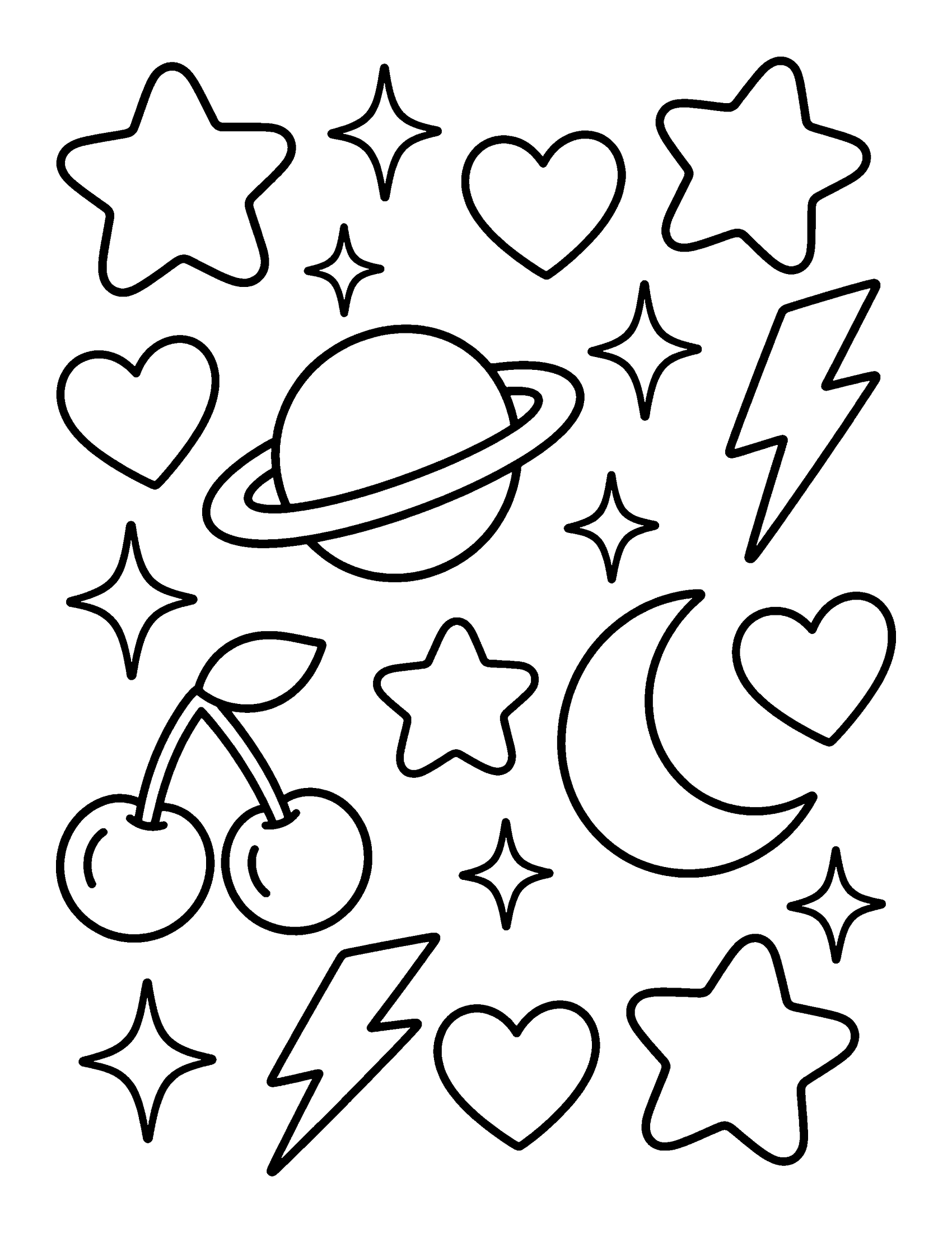 Y2K sticker pattern with puffy stars, hearts, a ringed planet, a moon, cherries and lightning bolts, coloring page