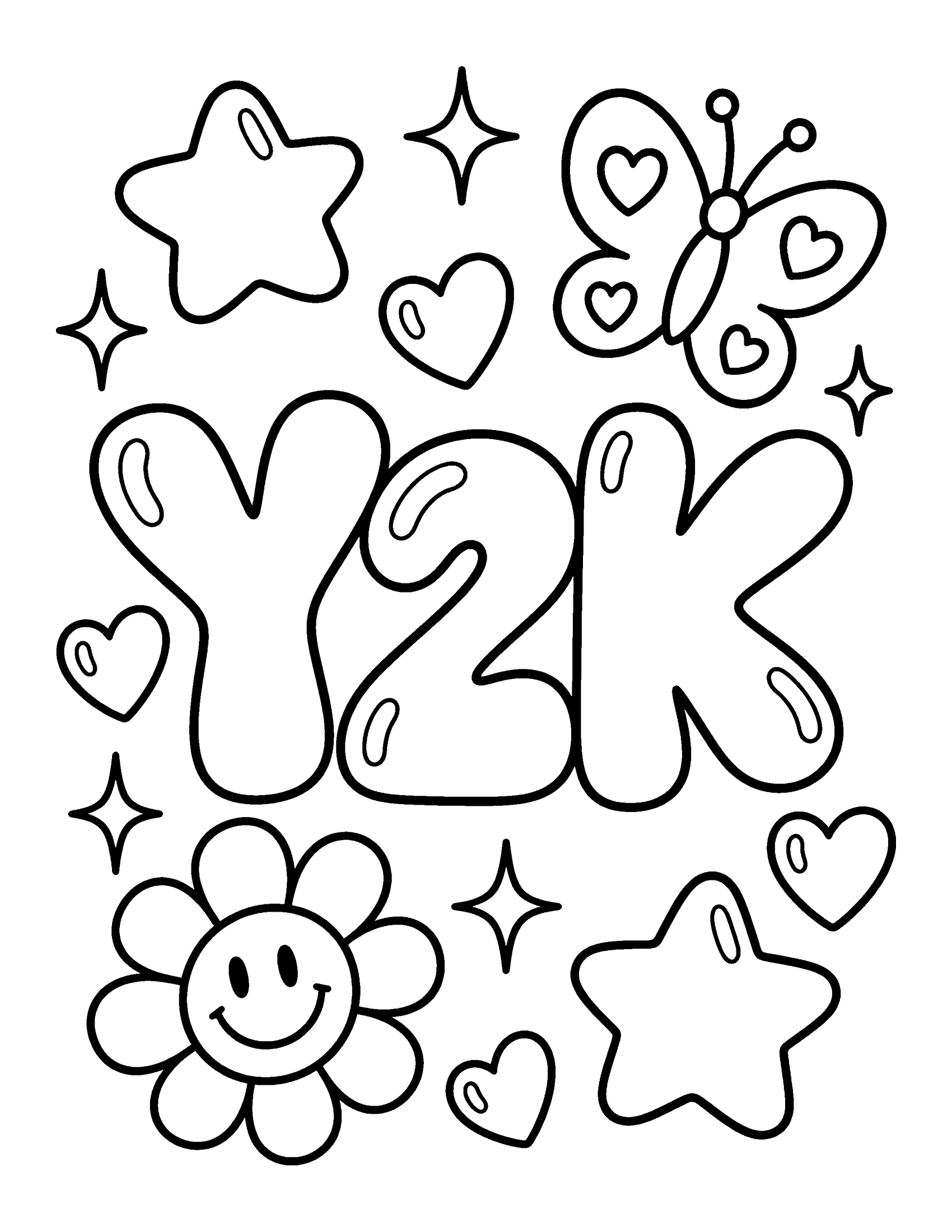 The word Y2K in puffy bubble letters with stars, hearts, a butterfly and a smiley flower, coloring page