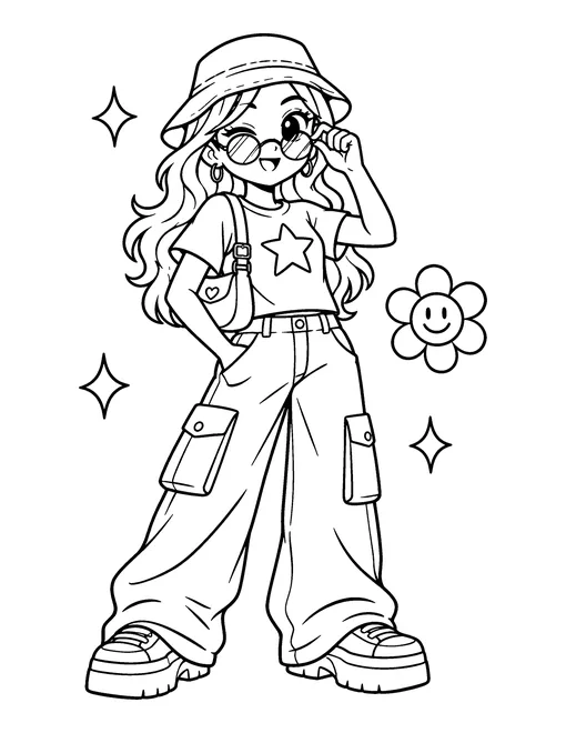 Cartoon girl in Y2K fashion with a bucket hat, round sunglasses, a star t-shirt, wide cargo pants and chunky sneakers, coloring page