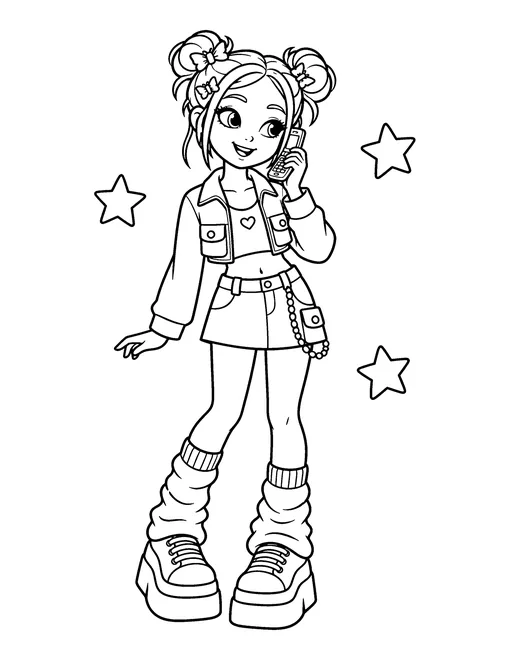 Cartoon girl in Y2K fashion with space buns, a crop jacket, mini skirt, leg warmers and platform shoes, talking on a flip phone, coloring page