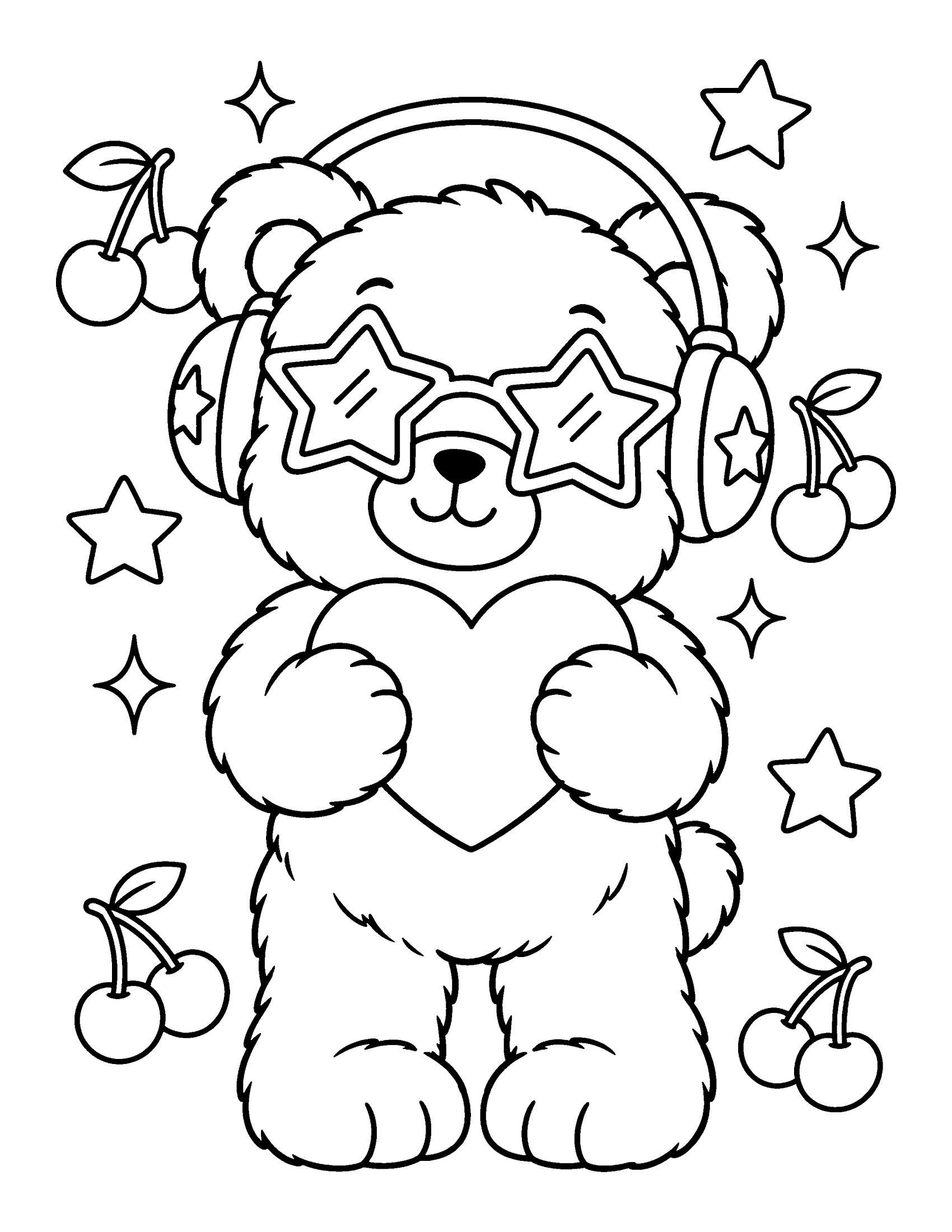 Fluffy teddy bear wearing star sunglasses and headphones, holding a heart, with cherries and stars, Y2K coloring page